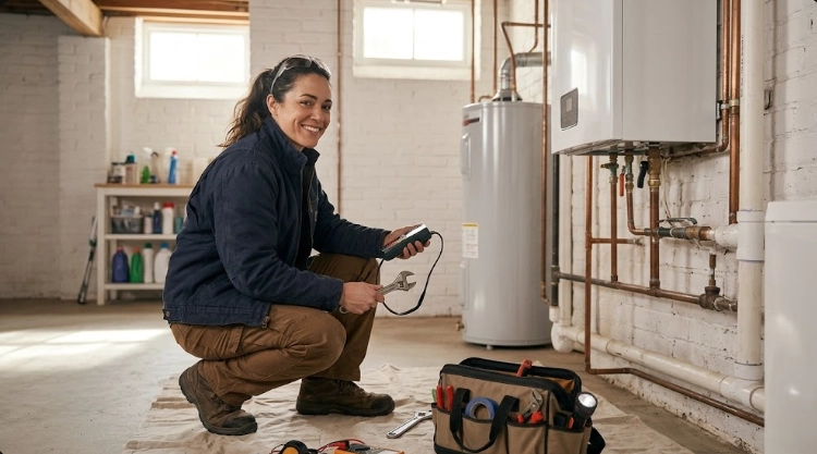 Plumber using a digital meter to test black iron gas piping connections and pressure
