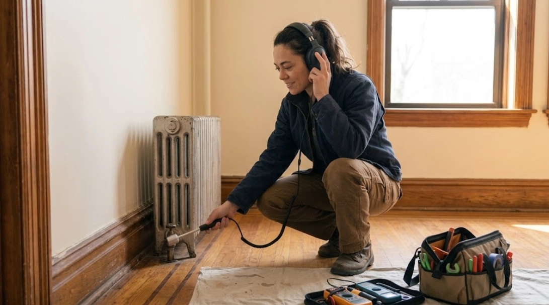 Technician using acoustic listening equipment for non-invasive hidden water leak detection
