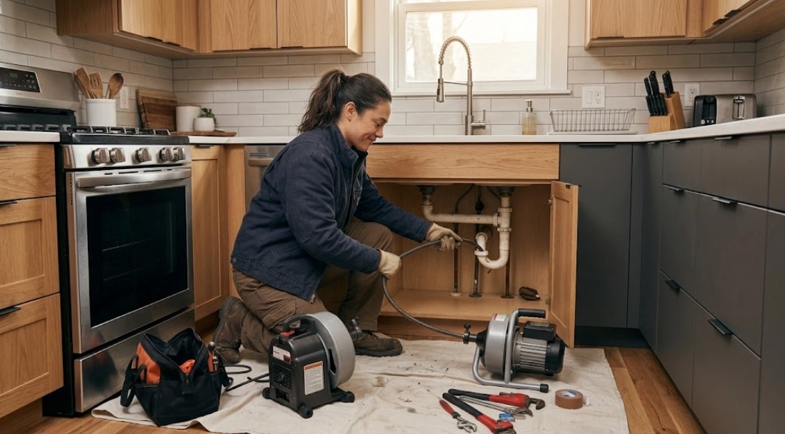 Plumber clearing a clogged kitchen sink drain using professional motorized snake equipment