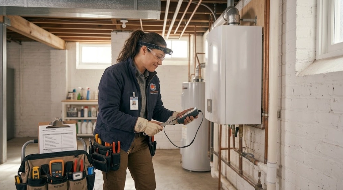 Heating technician inspecting and servicing a wall-mounted boiler